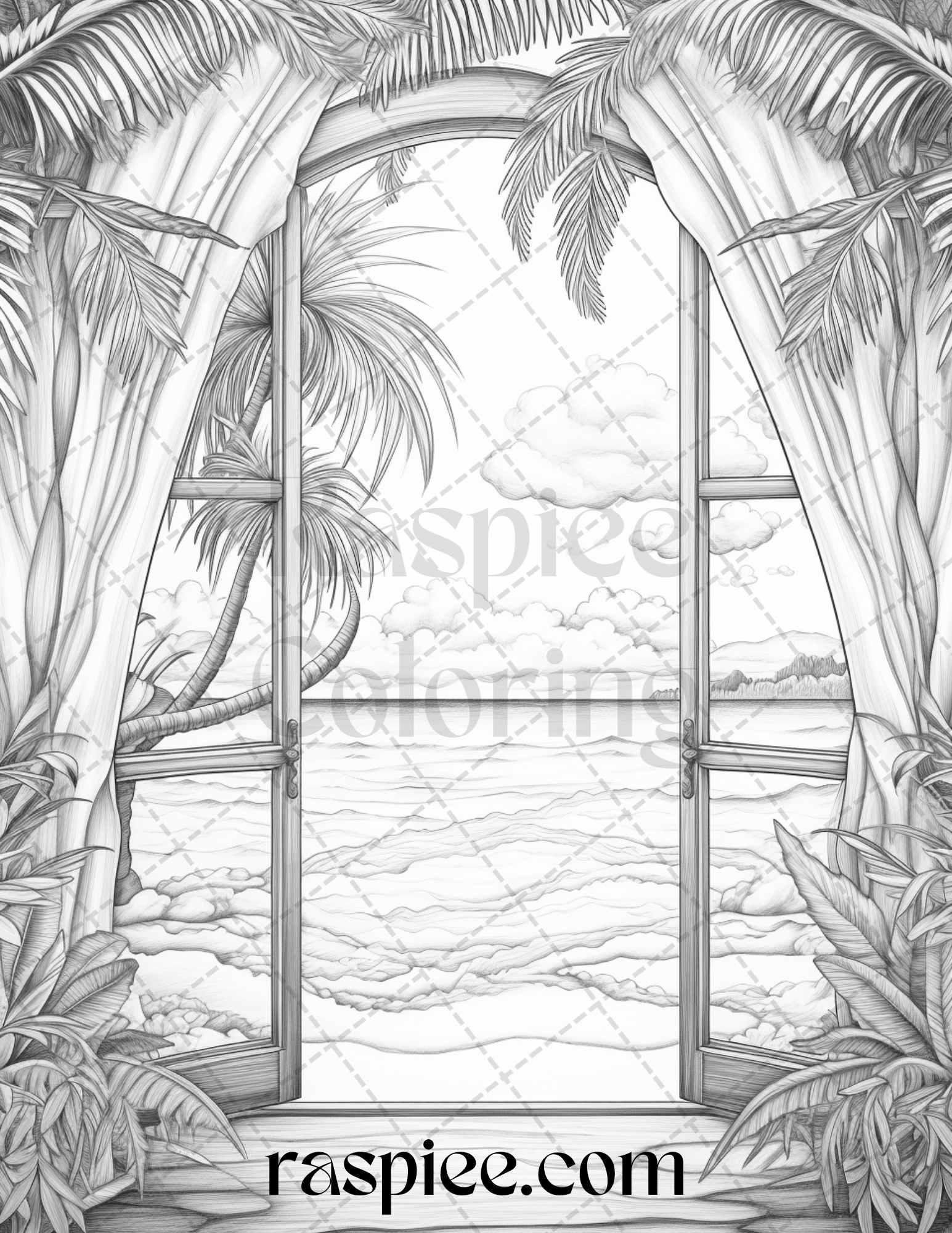 40 Window to Fantasy Worlds Grayscale Coloring Pages Printable for Adults, PDF File Instant Download