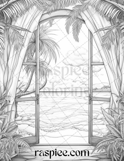 40 Window to Fantasy Worlds Grayscale Coloring Pages Printable for Adults, PDF File Instant Download