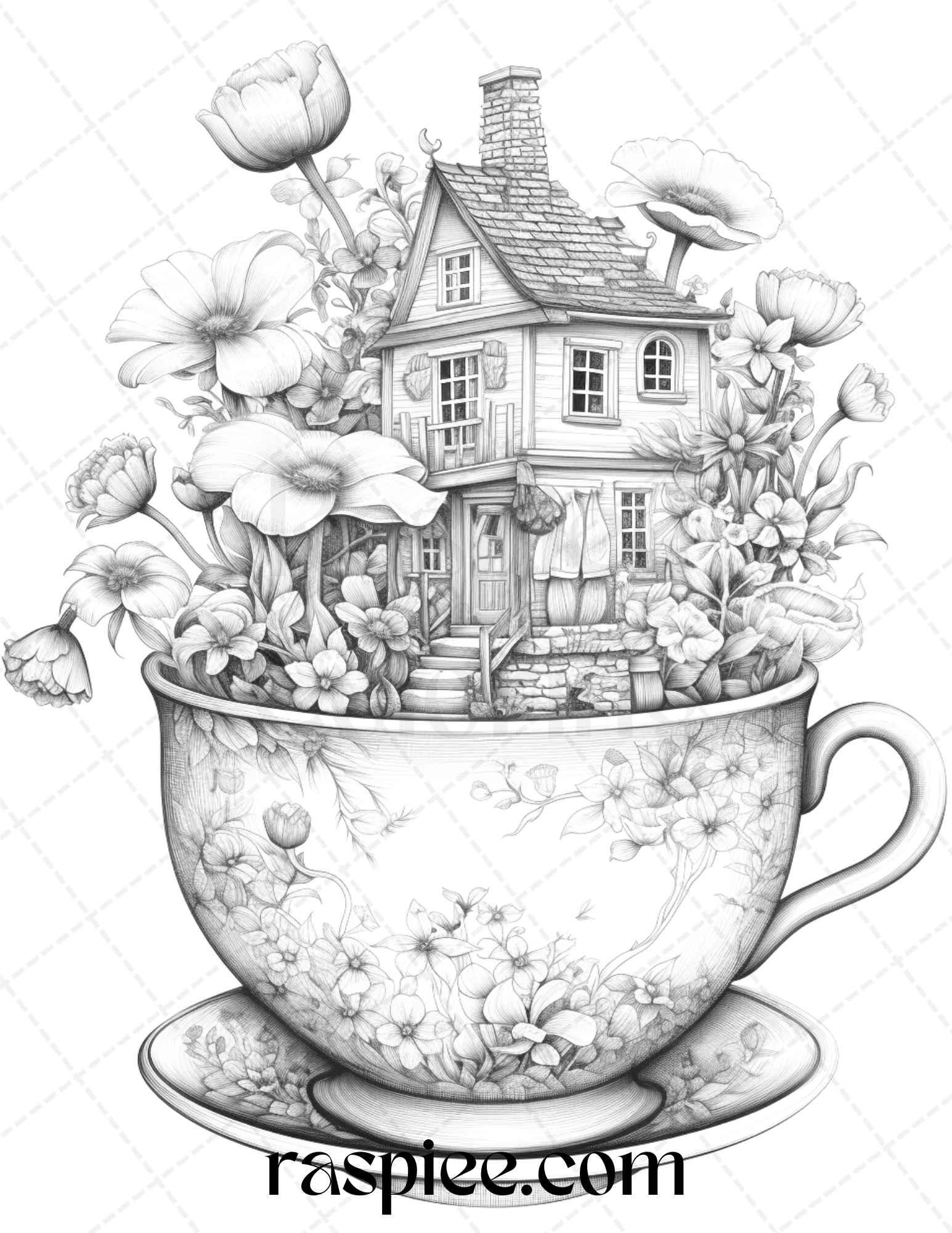 40 Flower Teacup Fairy Houses Grayscale Coloring Pages Printable for Adults, PDF File Instant Download