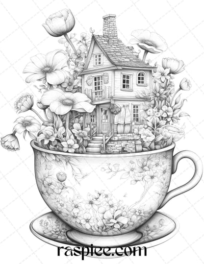 40 Flower Teacup Fairy Houses Grayscale Coloring Pages Printable for Adults, PDF File Instant Download