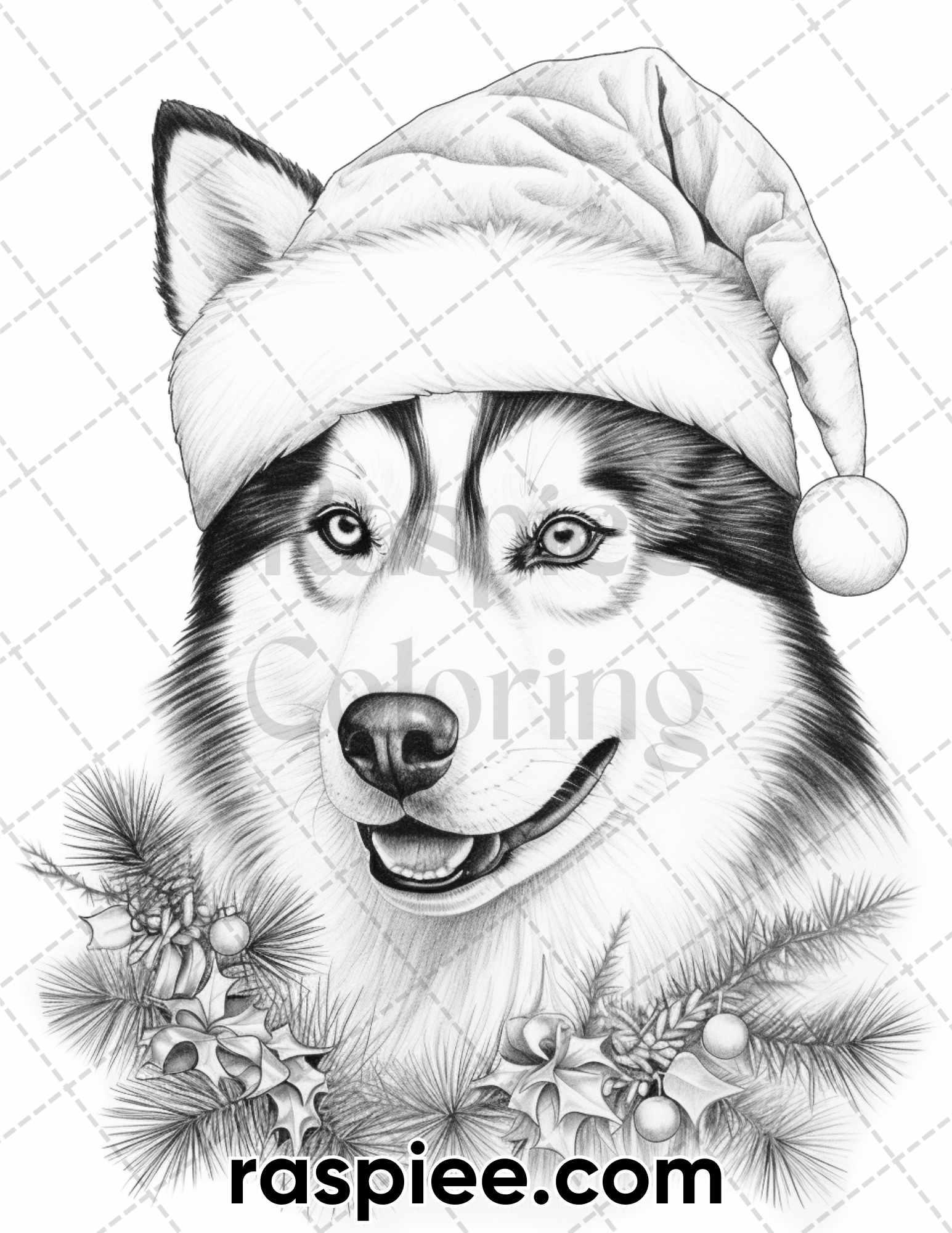 45 Christmas Dogs Grayscale Coloring Pages for Adults, Printable PDF Instant Download