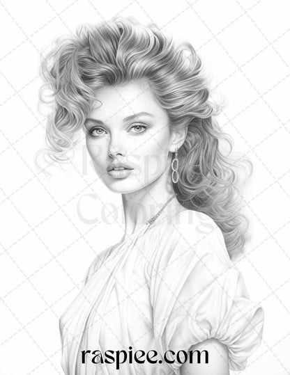 1980s Retro Beautiful Women Grayscale Coloring Pages for Adults, PDF File Instant Download