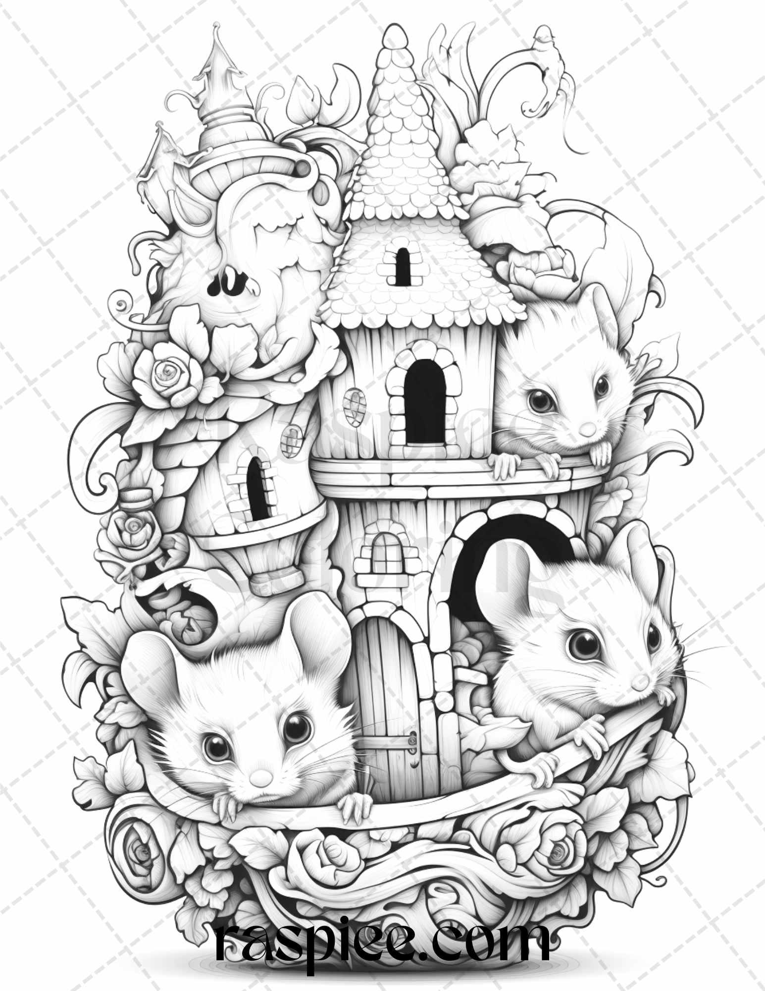 40 Magical Mouse Houses Grayscale Coloring Pages Printable for Adults, PDF File Instant Download