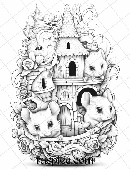 40 Magical Mouse Houses Grayscale Coloring Pages Printable for Adults, PDF File Instant Download