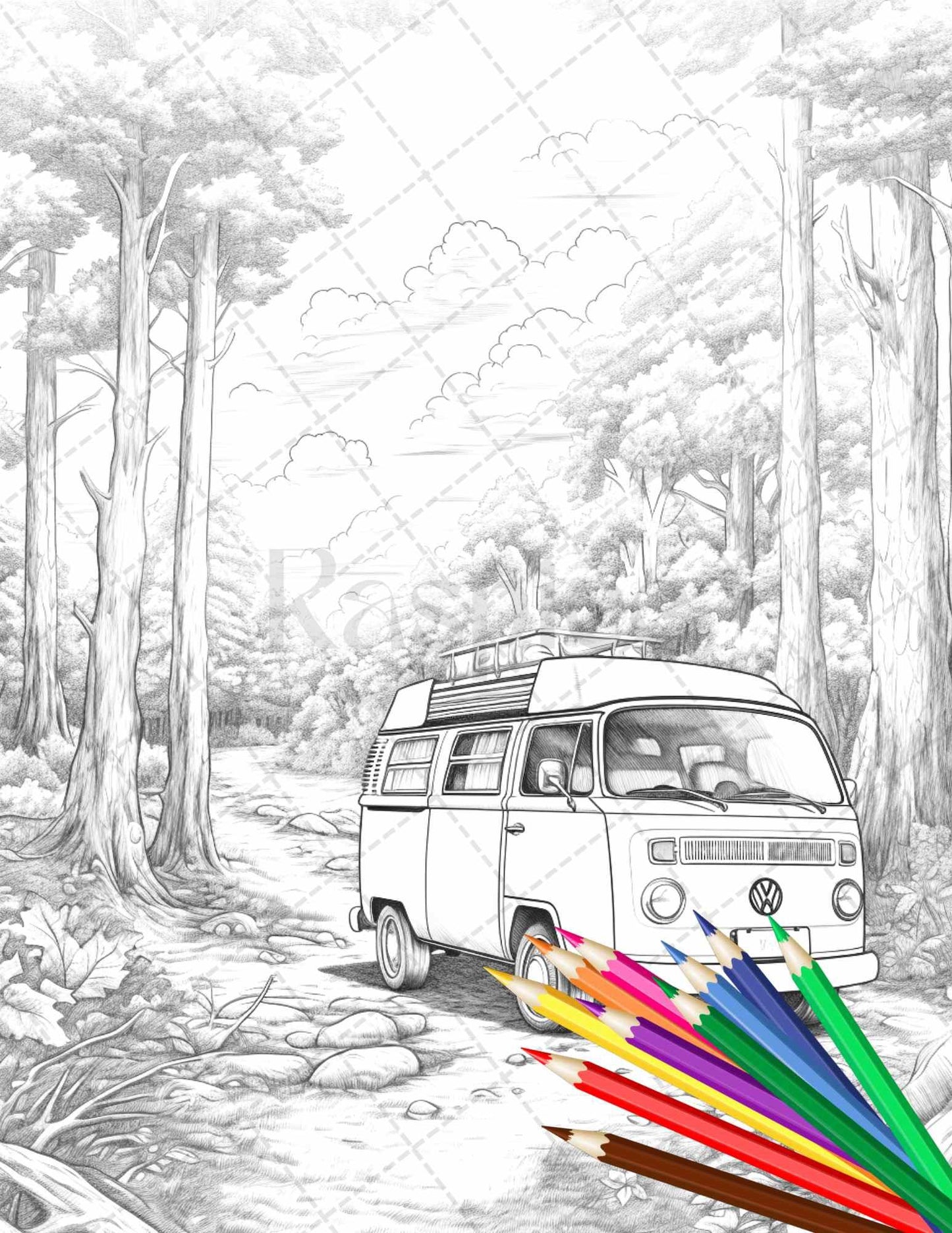 30 Campervan Adventure Grayscale Coloring Pages Printable for Adults, PDF File Instant Download