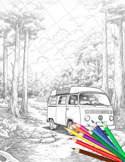 30 Campervan Adventure Grayscale Coloring Pages Printable for Adults, PDF File Instant Download