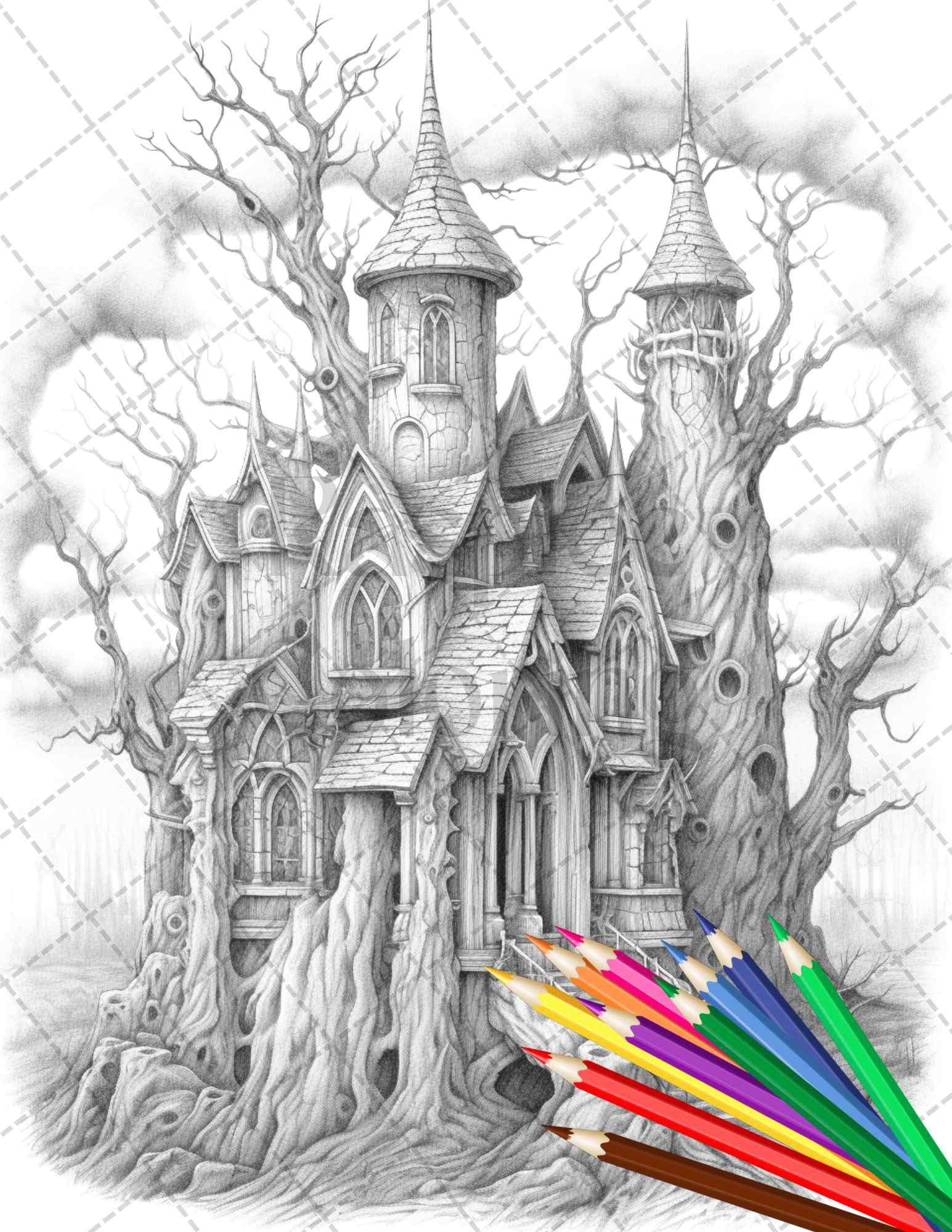 40 Creepy Gothic Houses Grayscale Coloring Pages Printable for Adults, PDF File Instant Download