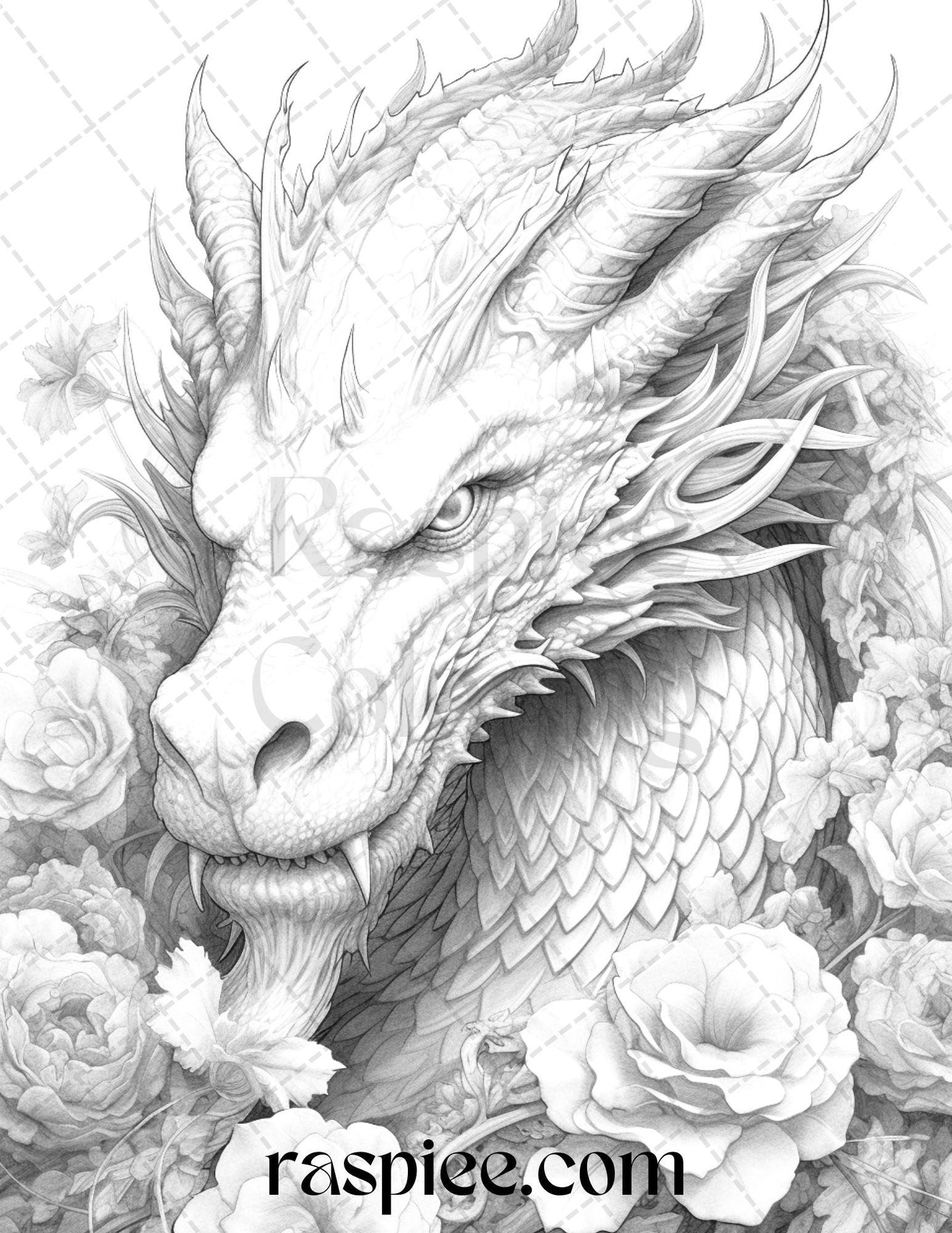 40 Flower Dragon Grayscale Coloring Pages Printable for Adults, PDF File Instant Download