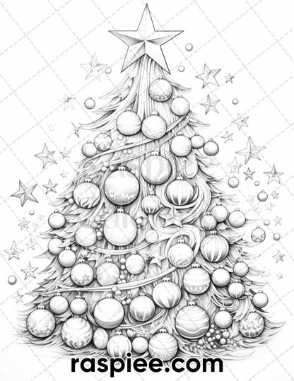 40 Christmas Tree Grayscale Coloring Pages for Adults, Printable PDF Instant Download