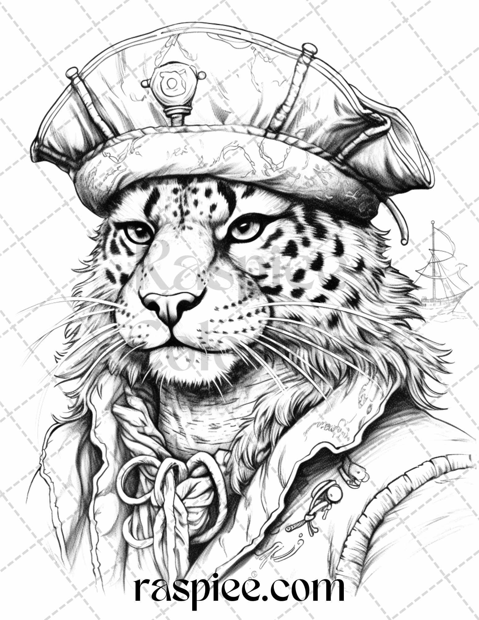 40 Pirate Animals Grayscale Coloring Pages Printable for Adults, PDF File Instant Download