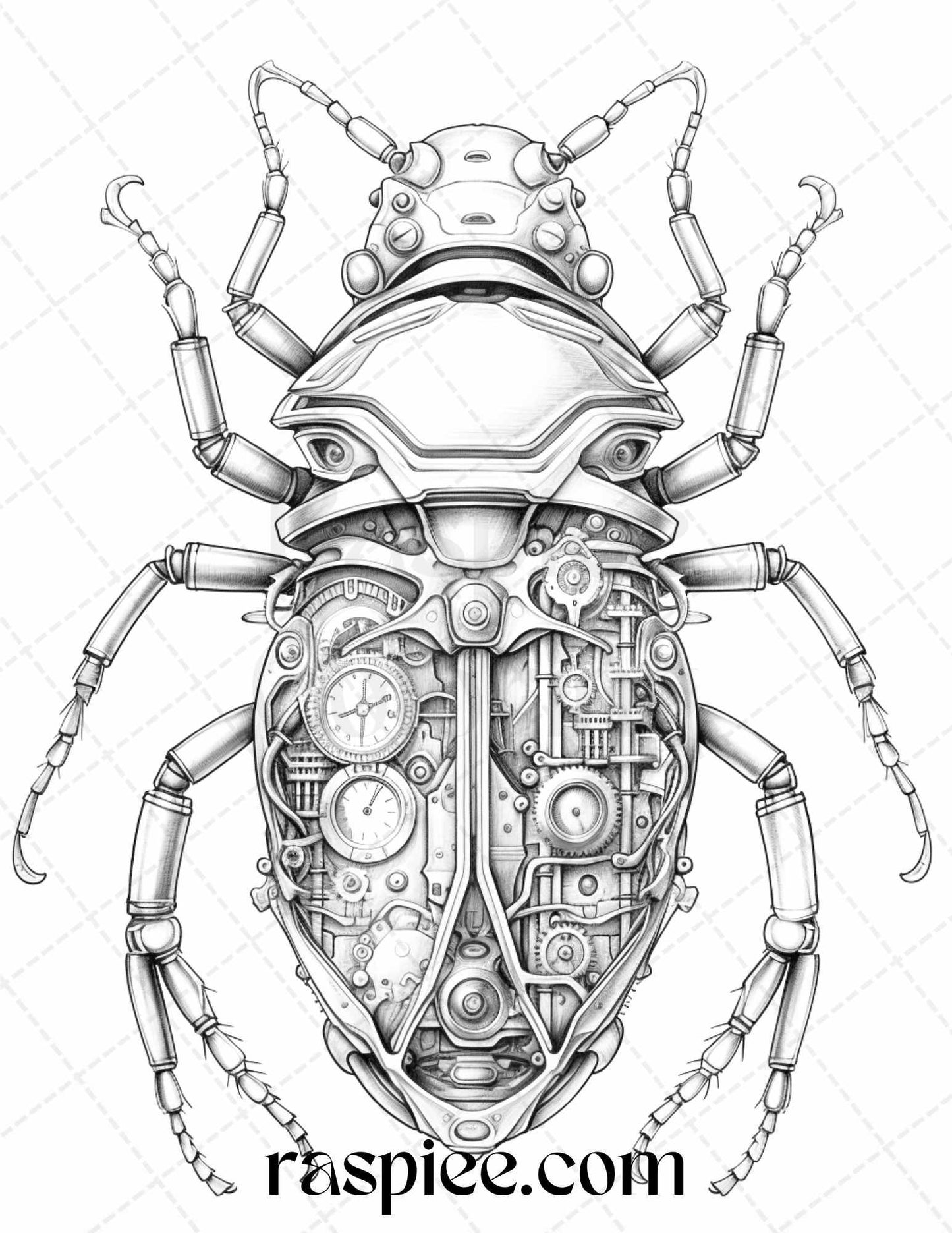 42 Steampunk Bugs Grayscale Coloring Pages Printable for Adults, PDF File Instant Download