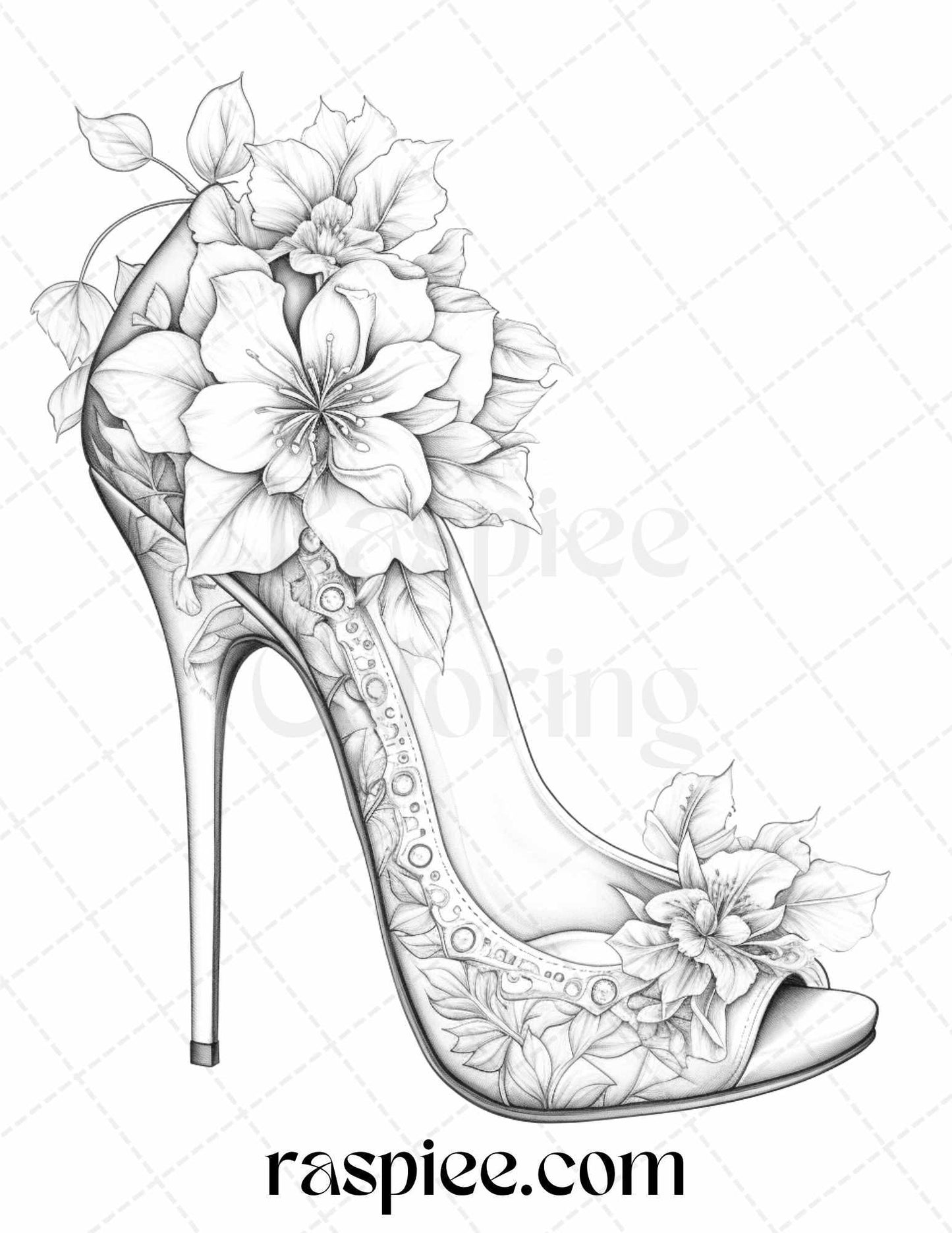 40 Flower Wedding Shoes Grayscale Coloring Pages Printable for Adults, PDF File Instant Download