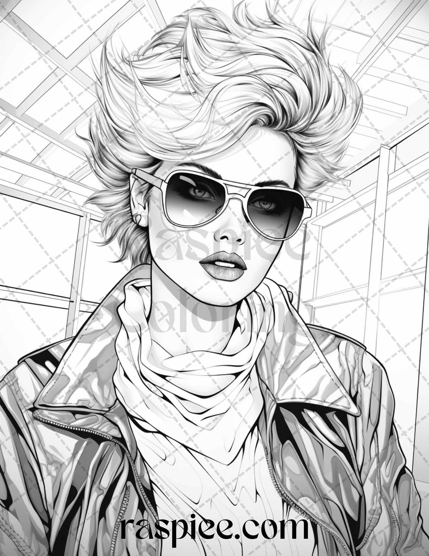 1980s New Wave Pop Star Grayscale Coloring Pages Printable for Adults, PDF File Instant Download