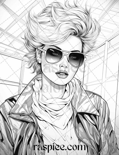 1980s New Wave Pop Star Grayscale Coloring Pages Printable for Adults, PDF File Instant Download