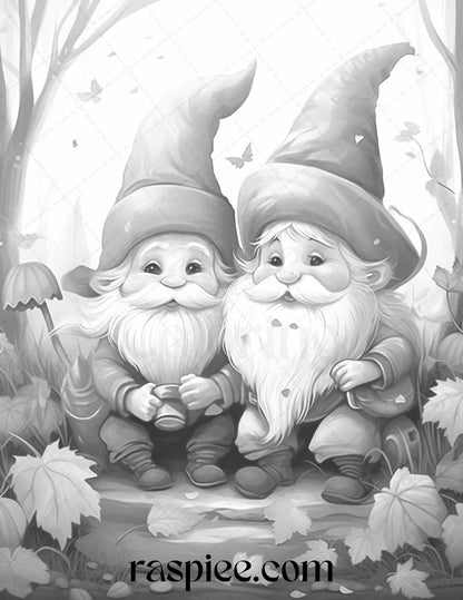 40 Fall Gnomes Grayscale Coloring Pages Printable for Adults Kids, PDF File Instant Download