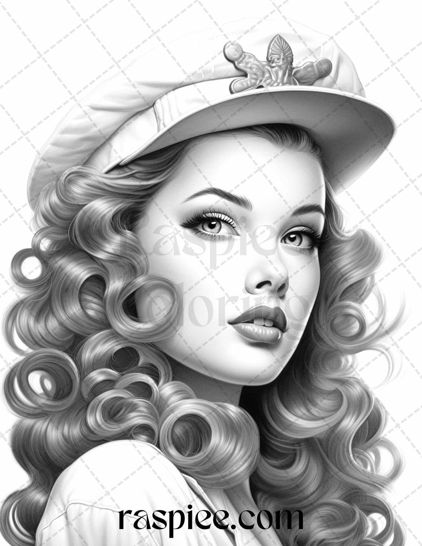 40 Sailor Pin Up Girls Grayscale Coloring Pages Printable for Adults, PDF File Instant Download