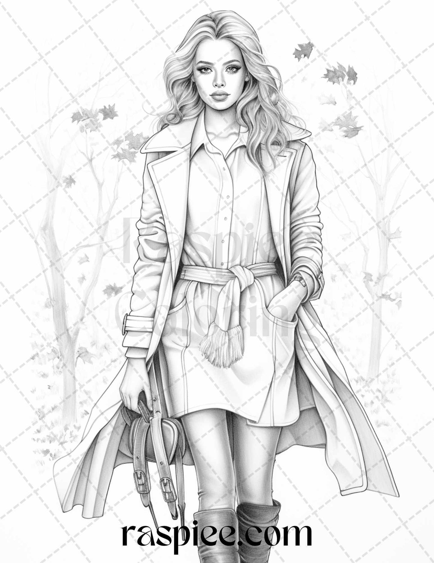 40 Fall Fashion Grayscale Coloring Pages for Adults, Printable PDF File Instant Download