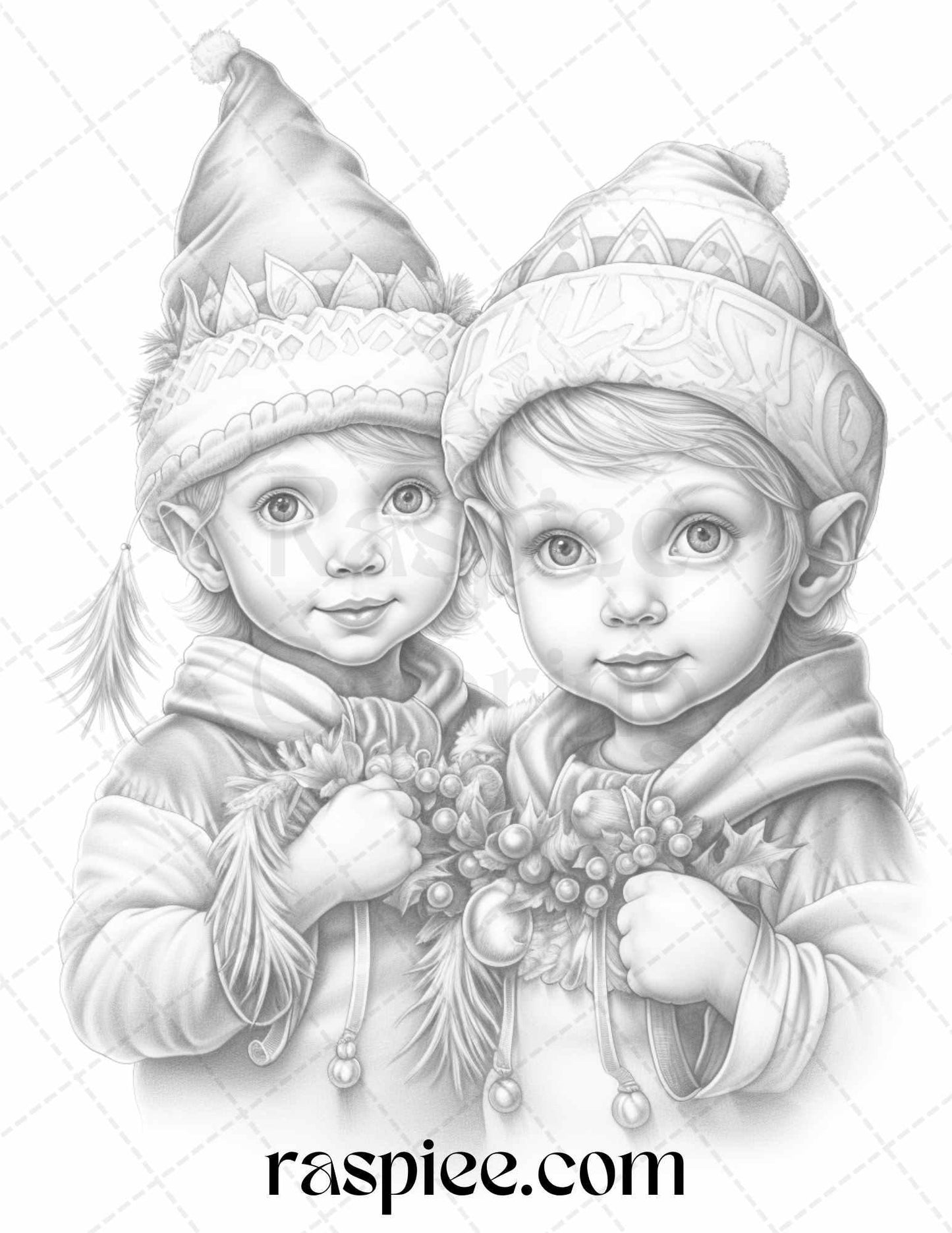 110 Christmas Elves Grayscale Coloring Pages Printable for Adults Kids, PDF File Instant Download