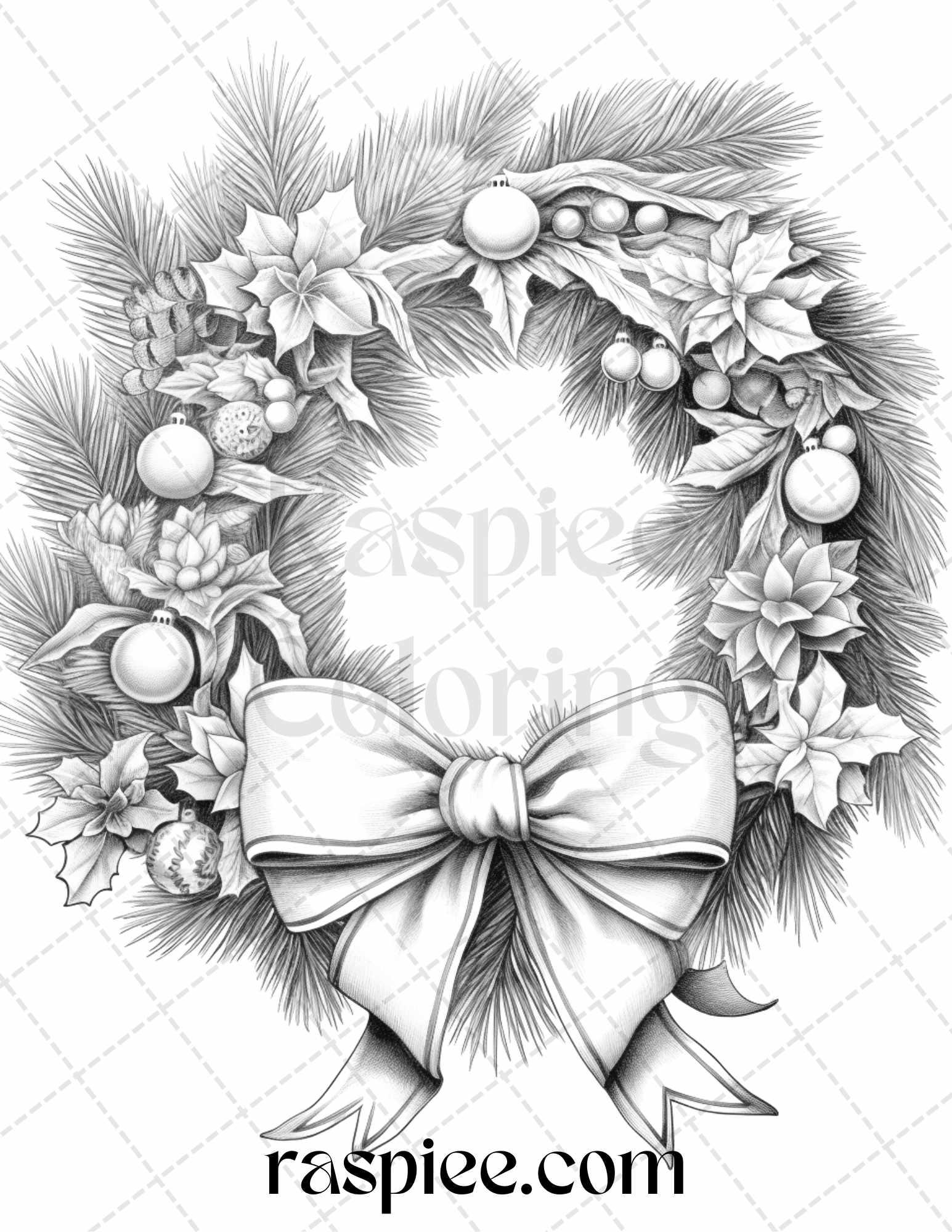 40 Christmas Wreath Grayscale Coloring Pages Printable for Adults, PDF File Instant Download