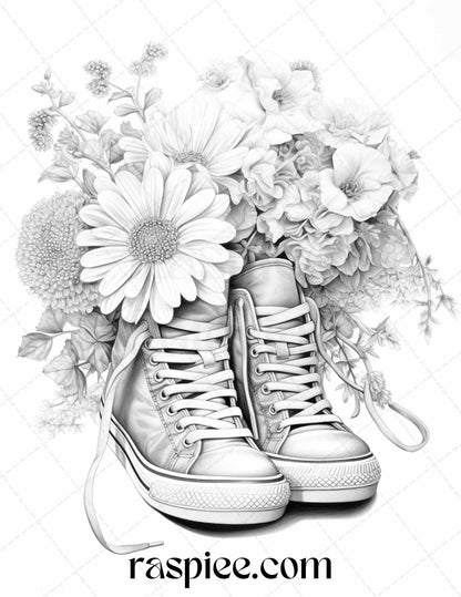 40 Flower Sneakers Grayscale Coloring Pages Printable for Adults, PDF File Instant Download