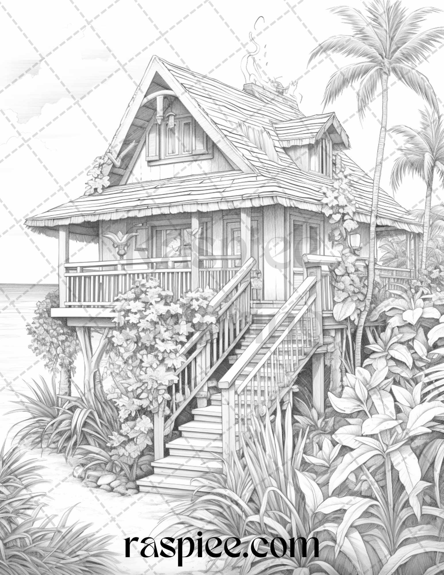 40 Hawaii Tiki Houses Grayscale Coloring Pages Printable for Adults, PDF File Instant Download