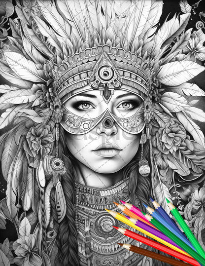 30 Native American Girls Printable Coloring Pages for Adult, Native American Culture Grayscale Coloring Book, Printable PDF File Download