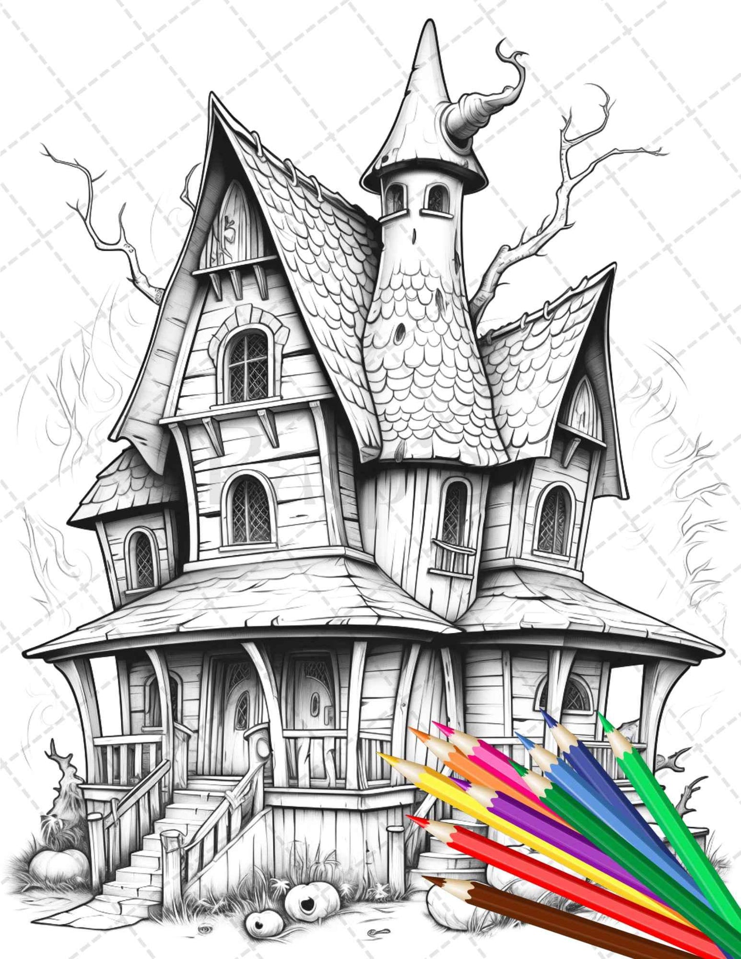 32 Spooky Houses Coloring Pages Printable for Adults, Grayscale Coloring Page, PDF File Instant Download