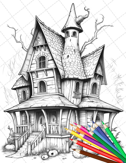 32 Spooky Houses Coloring Pages Printable for Adults, Grayscale Coloring Page, PDF File Instant Download