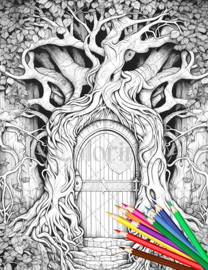 40 Magical Forest Gates Grayscale Coloring Pages Printable for Adults, PDF File Instant Download