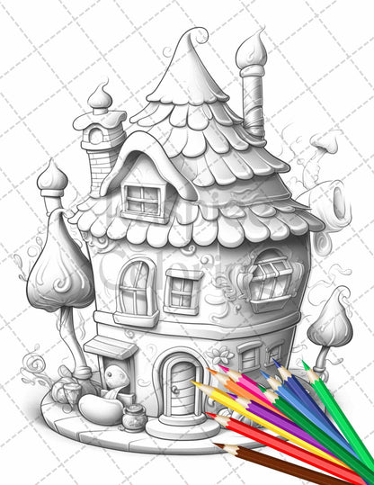 50 Adorable Cake Houses Grayscale Coloring Pages Printable for Adults and Kids, PDF File Instant Download