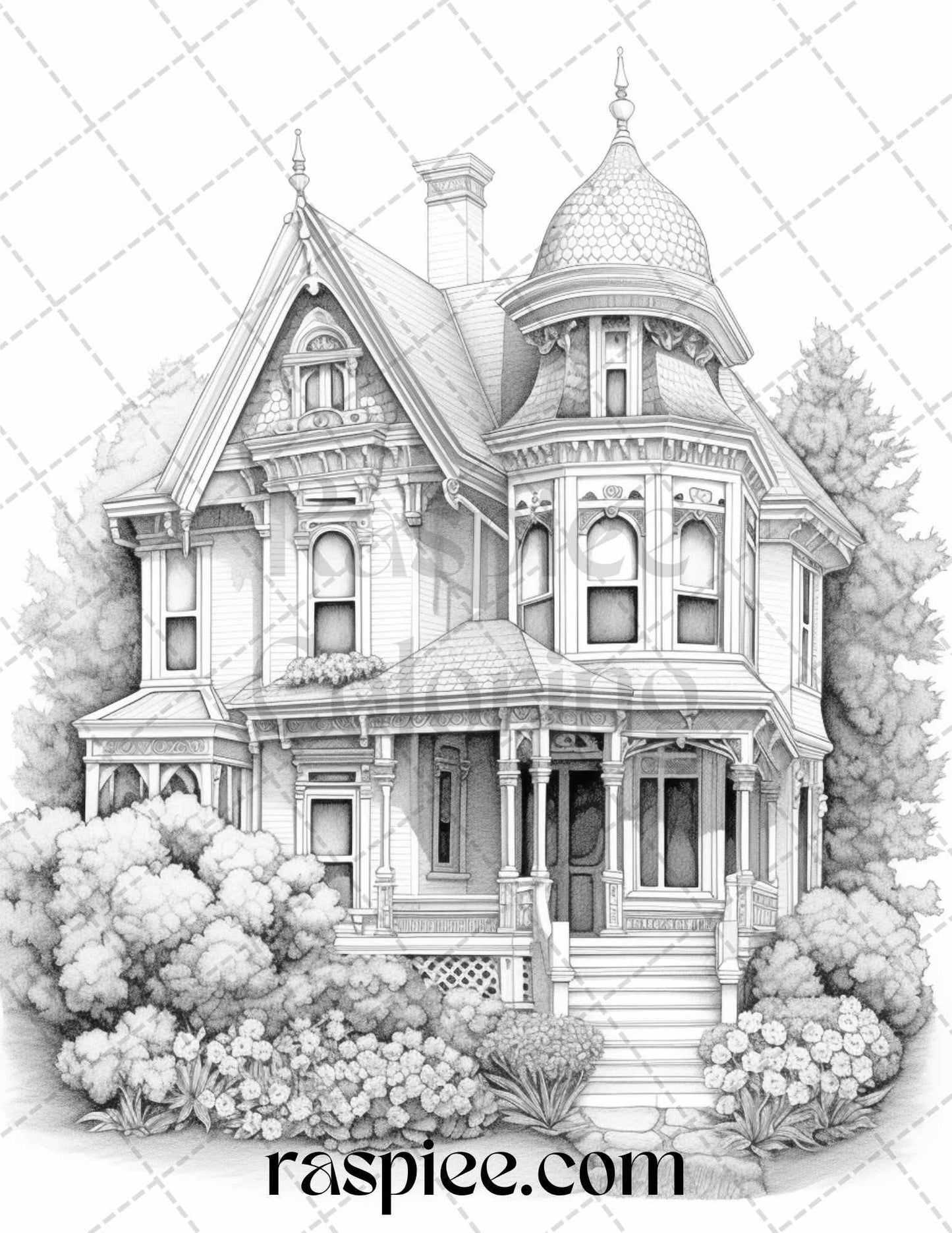 40 Victorian Houses Grayscale Coloring Pages Printable for Adults, PDF File Instant Download