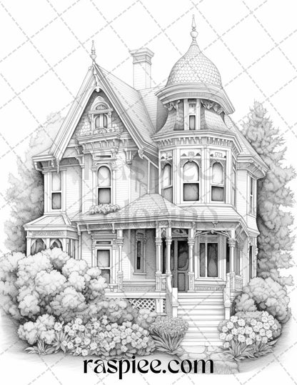 40 Victorian Houses Grayscale Coloring Pages Printable for Adults, PDF File Instant Download