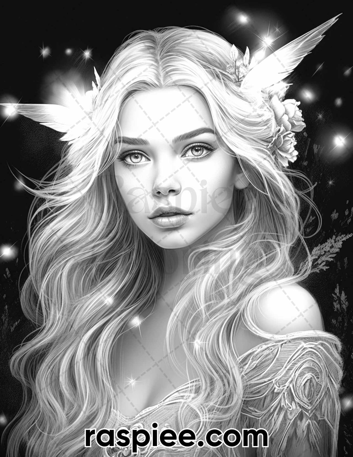 50 Starlight Fairy Grayscale Coloring Pages for Adults, Printable PDF File Instant Download