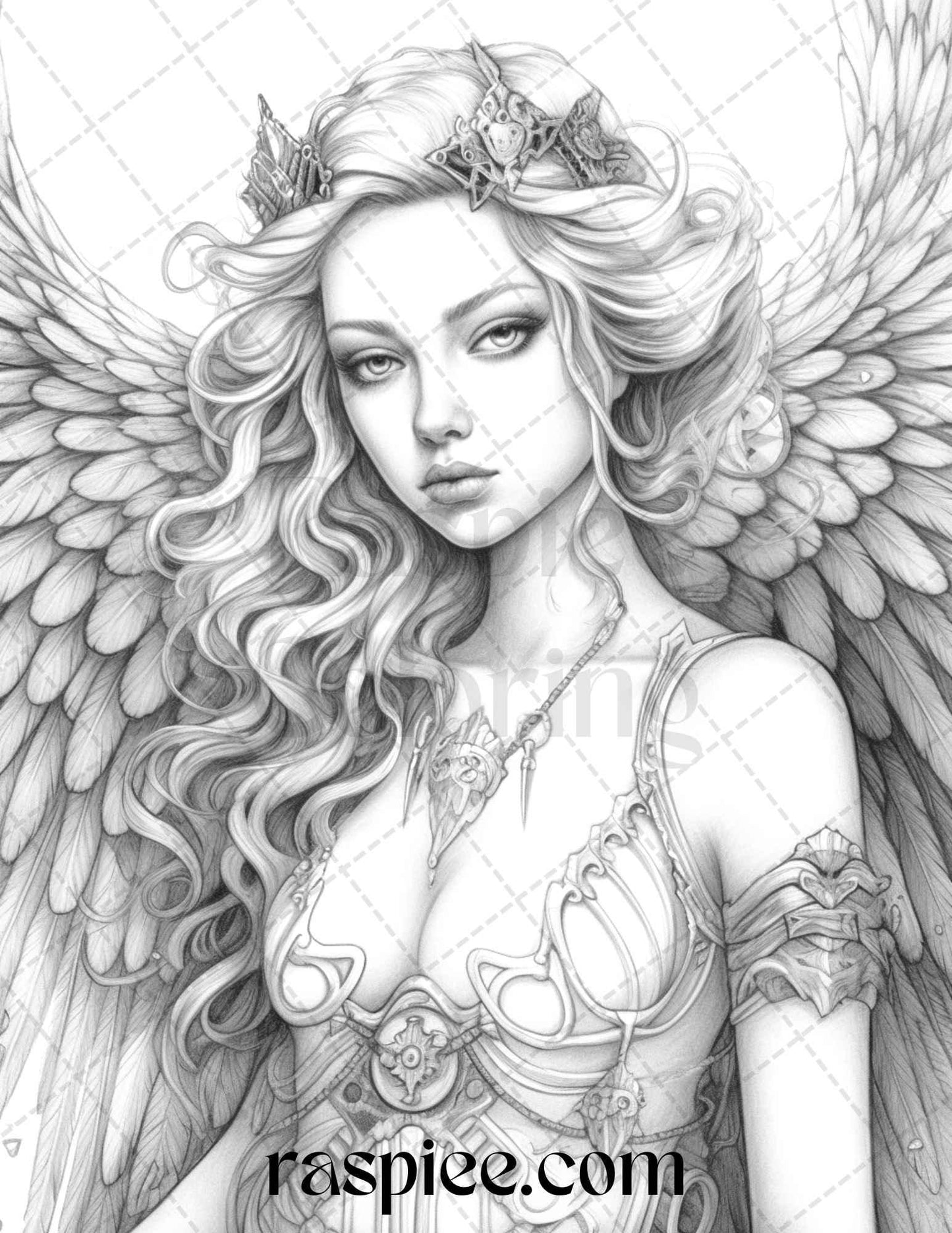 42 Enchanting Angels Grayscale Coloring Pages Printable for Adults, PDF File Instant Download