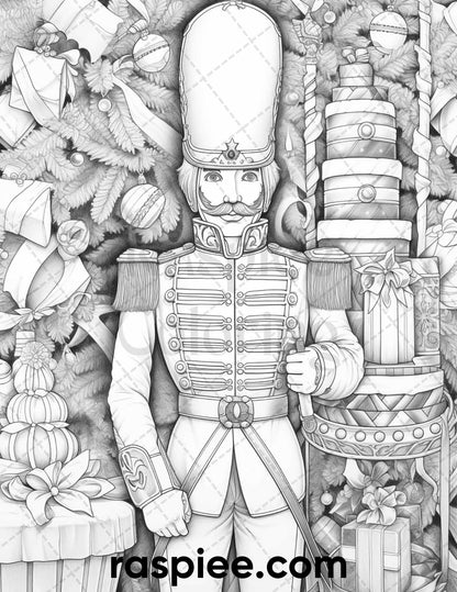 40 Christmas Nutcrackers Grayscale Coloring Pages for Adults, Printable PDF File Instant Download