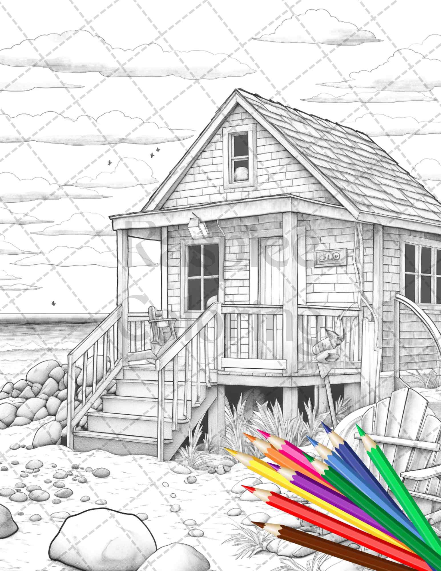 42 Wooden Beach Houses Grayscale Coloring Pages Printable for Adults, PDF File Instant Download