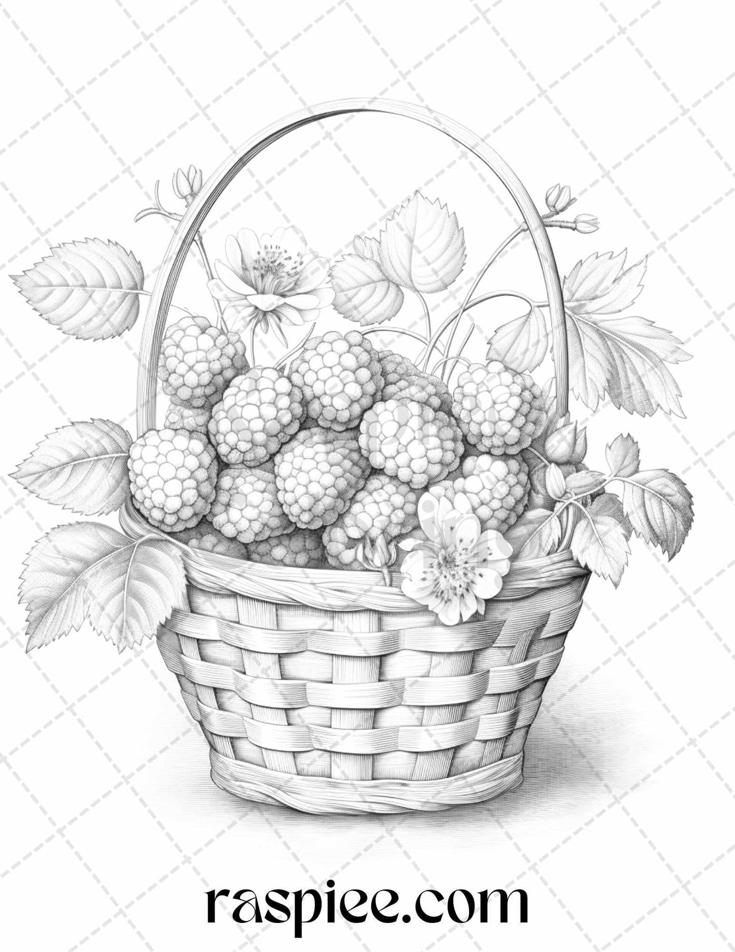 40 Fruit Basket Grayscale Coloring Pages Printable for Adults, PDF File Instant Download