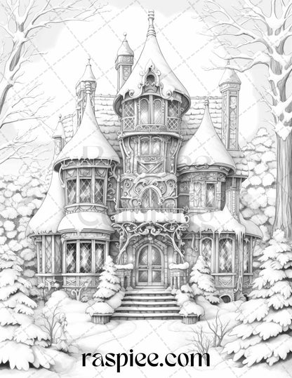 42 Fantasy Christmas Houses Grayscale Coloring Pages Printable for Adults, PDF File Instant Download