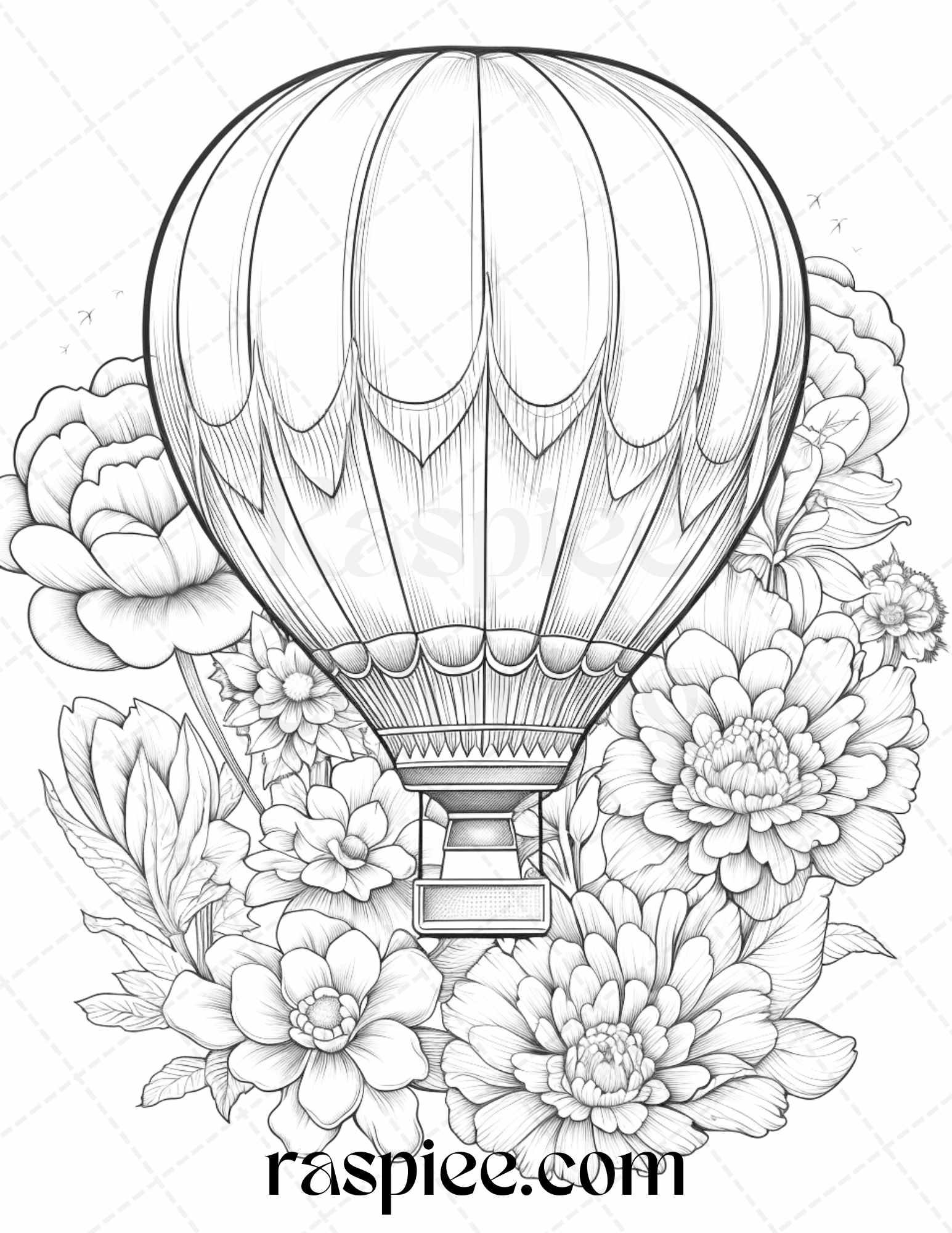 42 Flower Hot Air Balloons Grayscale Coloring Pages Printable for Adults, PDF File Instant Download