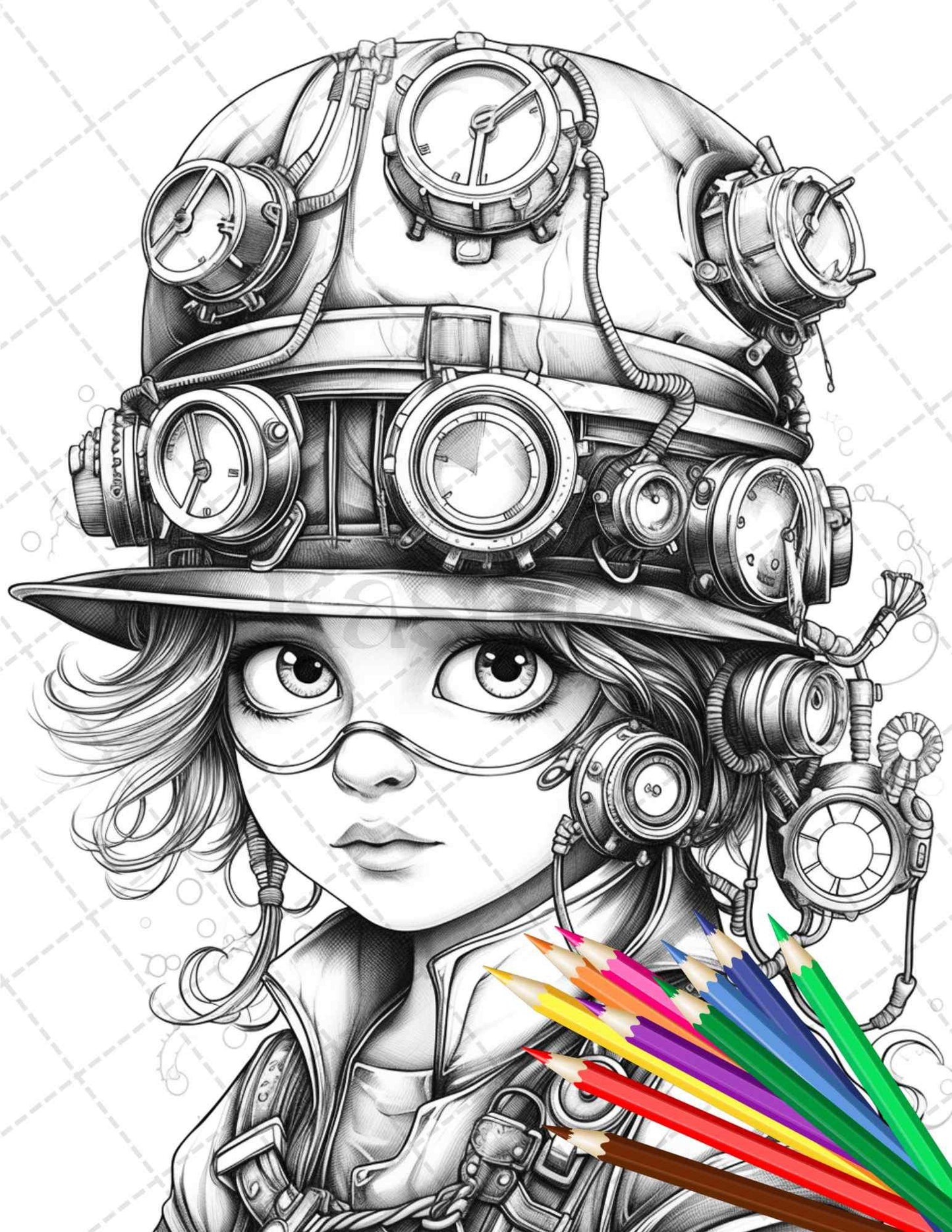 31 Adorable Steampunk Girls Coloring Pages Printable for Adults, Grayscale Coloring Page, PDF File Instant Download