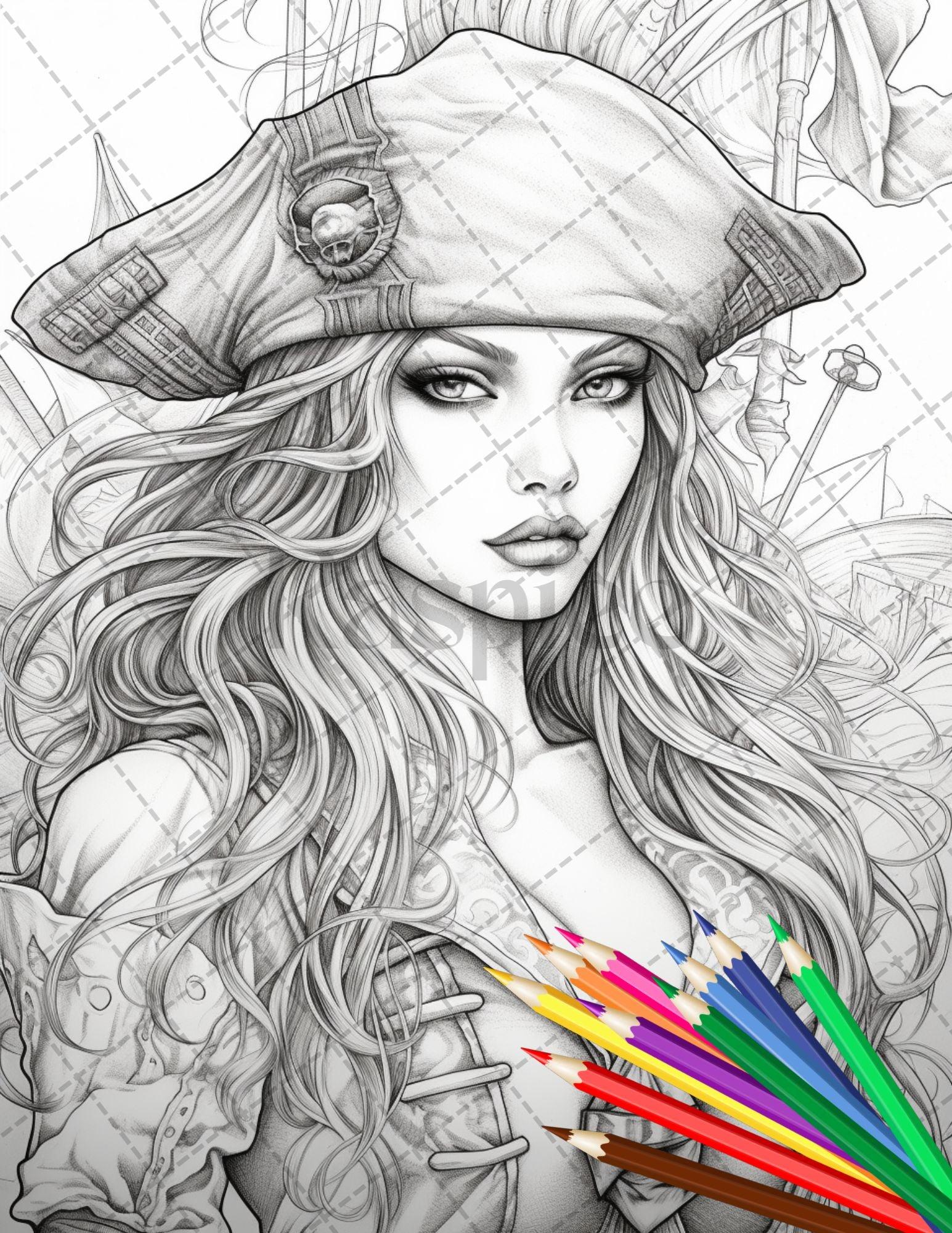 48 Beautiful Pirate Princess Coloring Book Printable for Adults, Grayscale Coloring Page, PDF File Instant Download