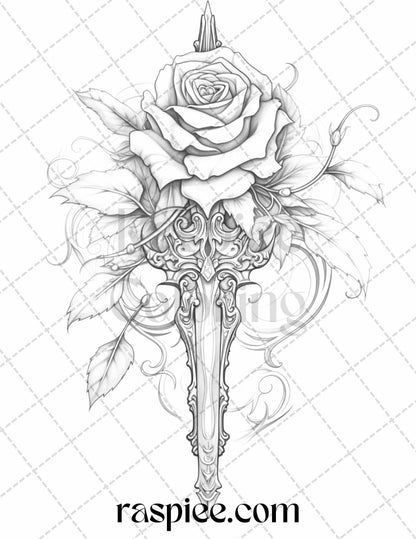 40 Beautiful Tattoos Grayscale Coloring Pages Printable for Adults, PDF File Instant Download