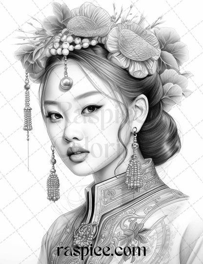 40 Beautiful Chinese Girls Grayscale Coloring Pages for Adults, Printable PDF File Instant Download