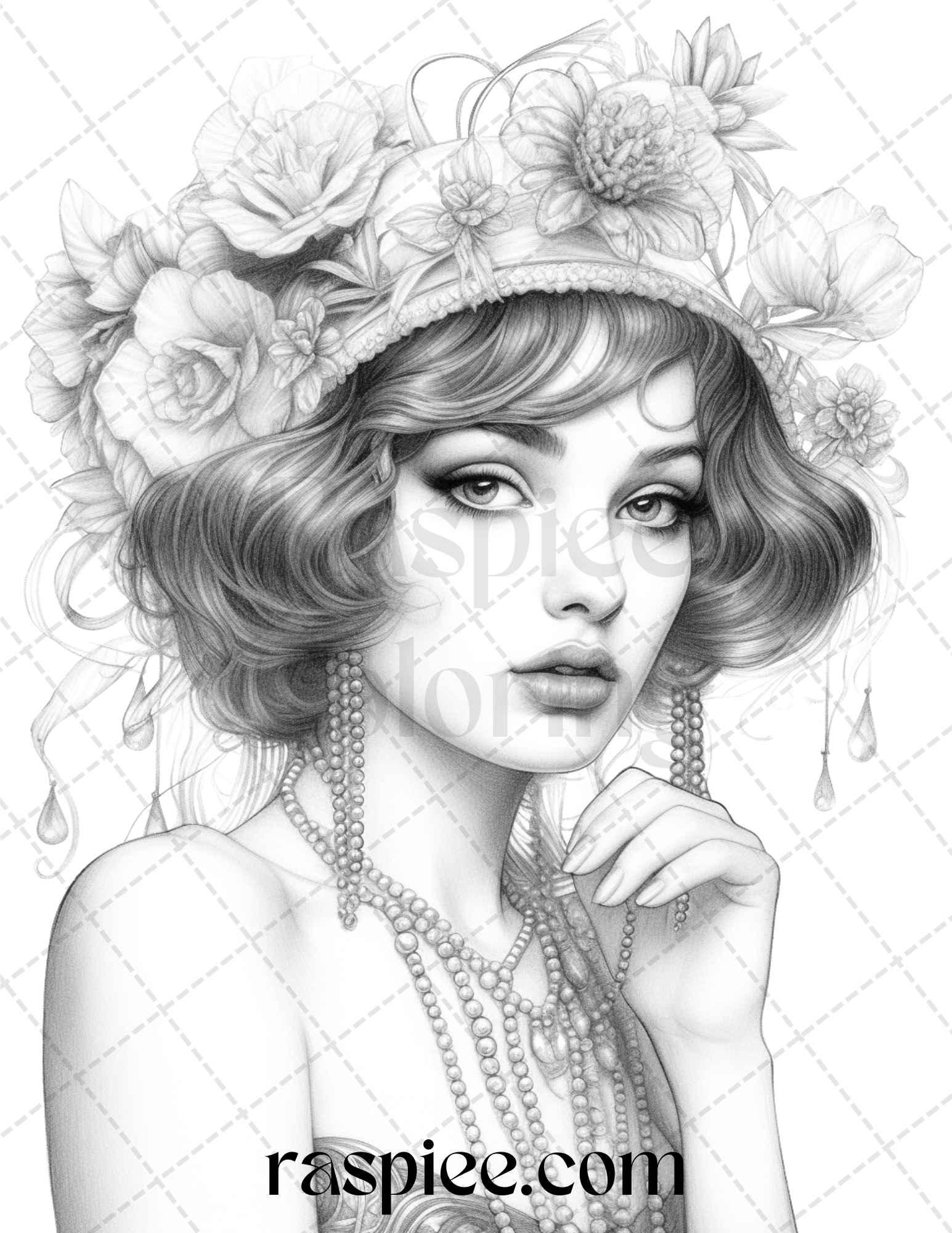 40 Beautiful Gatsby Girls Grayscale Coloring Pages Printable for Adults, PDF File Instant Download