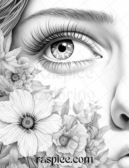 40 Charming Eyes Grayscale Coloring Pages Printable for Adults, PDF File Instant Download