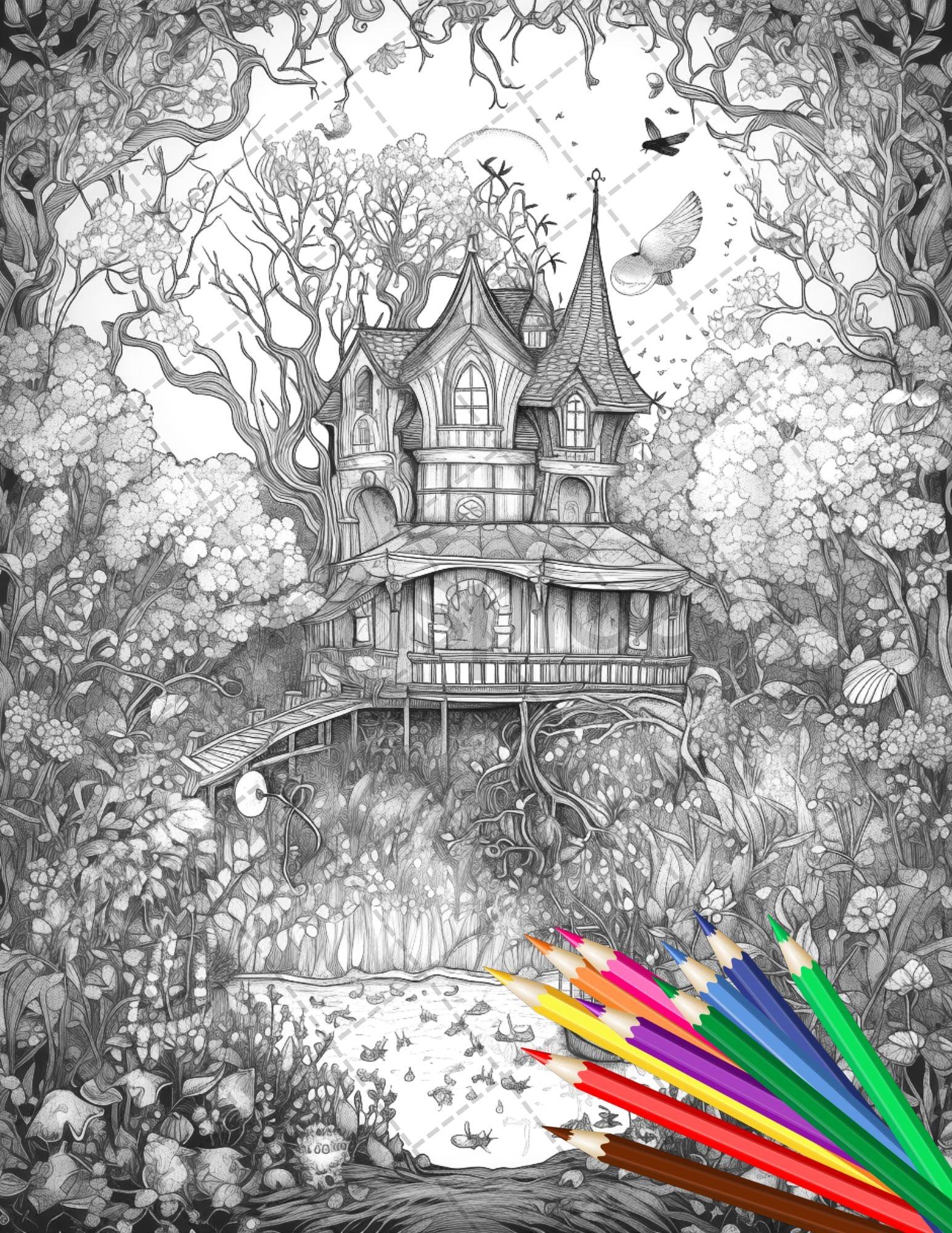 30 Fantasy Fairy Houses Coloring Page Book, Printable Adult Coloring Pages, Enchanted Fairy Home Grayscale Coloring Book, Printable PDF File