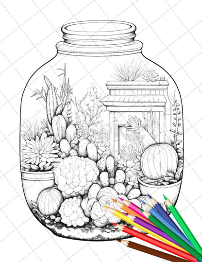 34 Enchanted Terrarium Grayscale Coloring Pages Printable for Adults, PDF File Instant Download