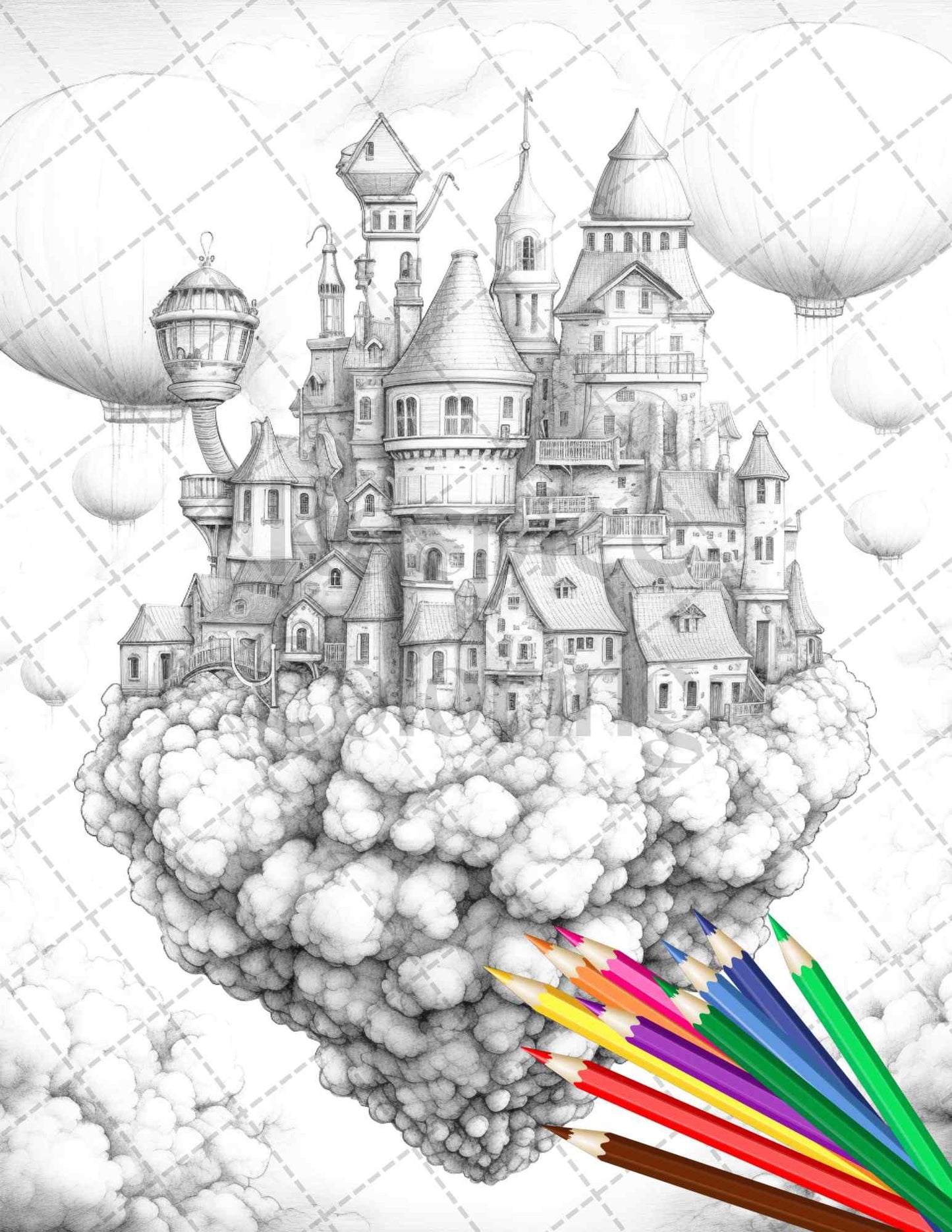 40 Fantasy Sky Houses Grayscale Coloring Pages Printable for Adults, PDF File Instant Download