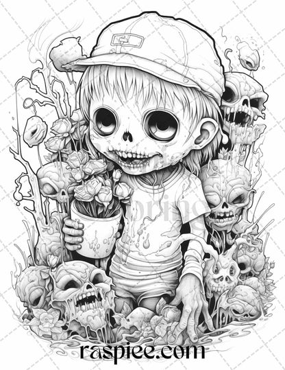 40 Halloween Creepy Kawaii Grayscale Coloring Pages for Adults and Kids, Printable PDF File Instant Download