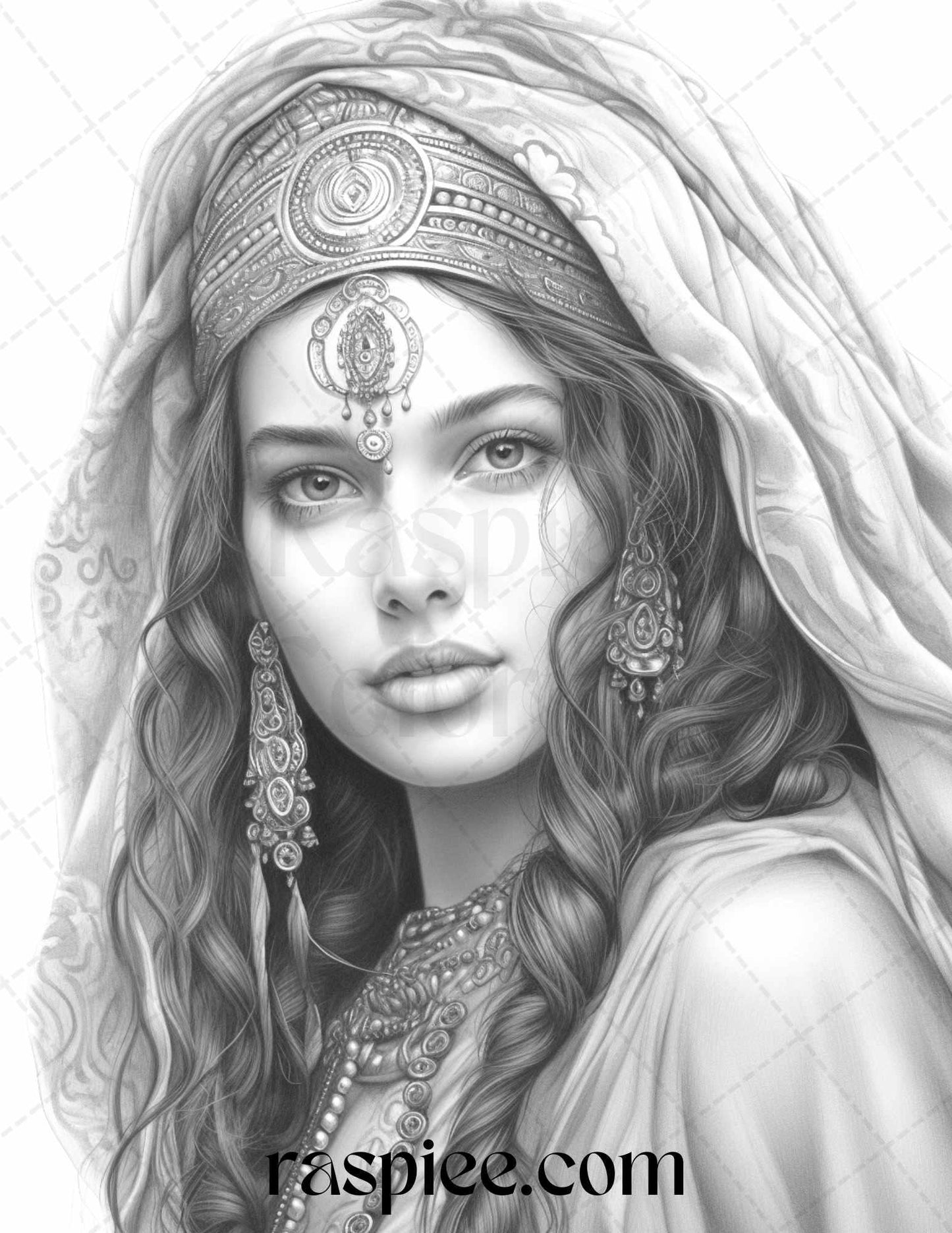 40 Beautiful Gypsy Girls Grayscale Coloring Pages Printable for Adults, PDF File Instant Download